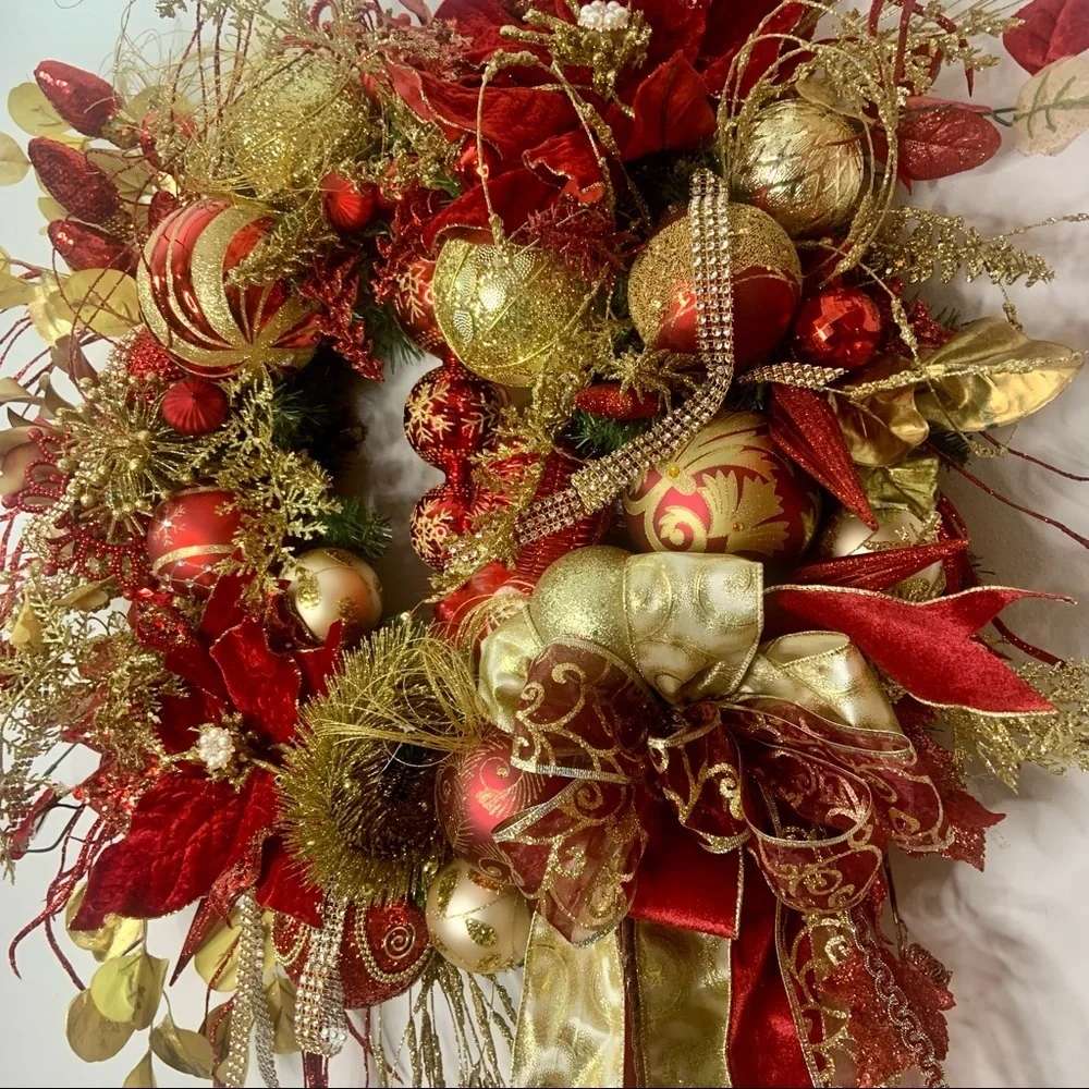 New Elegant Large Christmas Red Gold Sparkling Poinsettia Door Wall Wreath